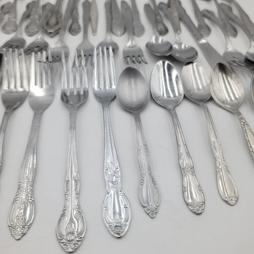 45pc Mixed Flatware Lot Ornate Floral Stainless Steel Silverware Forks Spoons